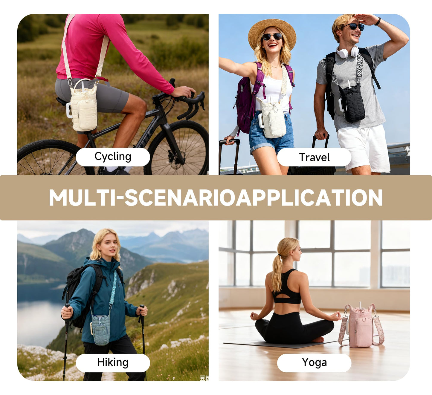 WOOMADA Water Bottle Holder Bag with Strap, 40/32 oz Crossbody Bag Gym Accessories, Sling Purses for Women(Beige)