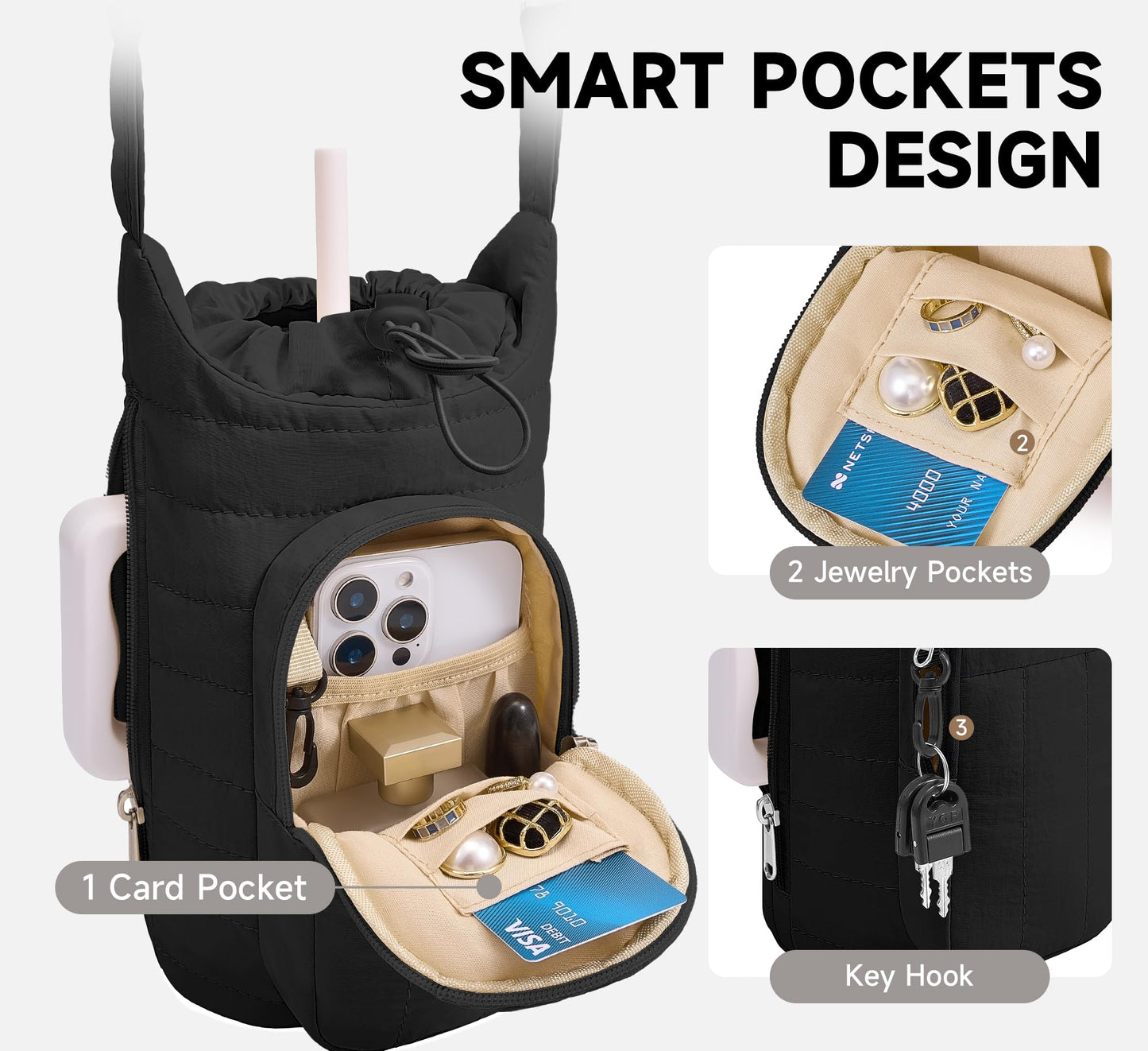 WOOMADA Water Bottle Holder Bag with Strap, 40/32 oz Crossbody Bag Gym Accessories, Sling Purses for Women(Beige)