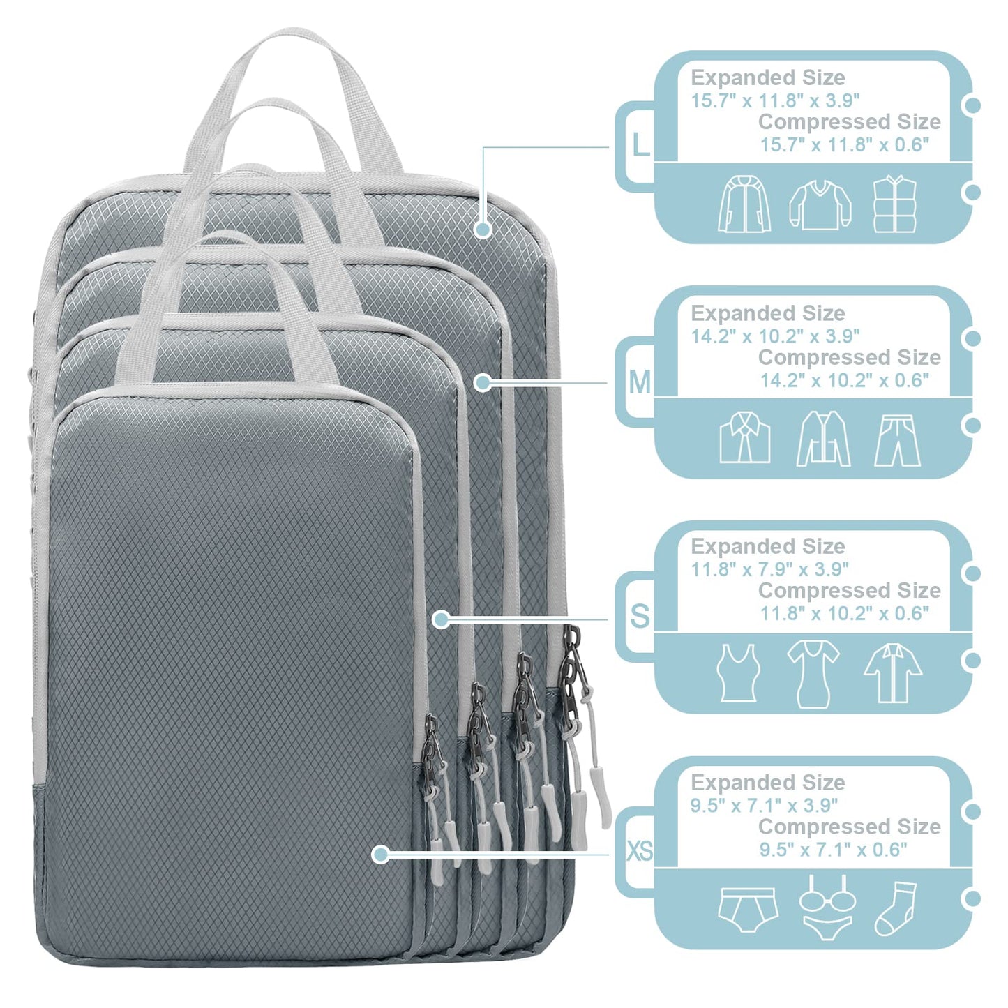 WOOMADA Compression Packing Cubes for Suitcases Travel Essentials 4 Set Expandable Travel Bags Organizer for Luggage(dark grey)