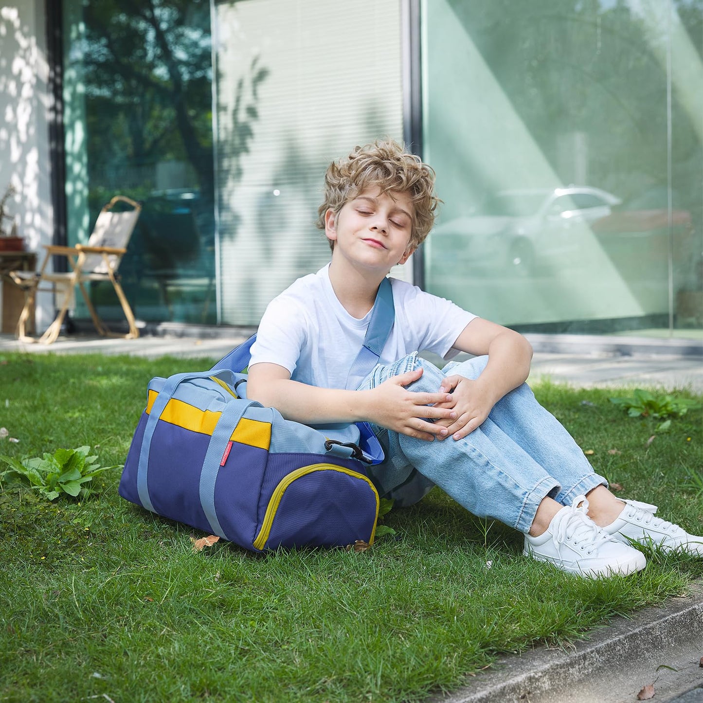 WOOMADA Kids Duffle Bag for Boys or Girls, Kids Overnight Bag with Shoe Compartment＆Wet Pocket, Ideal for School Practice, Sports, Travel(green blue)