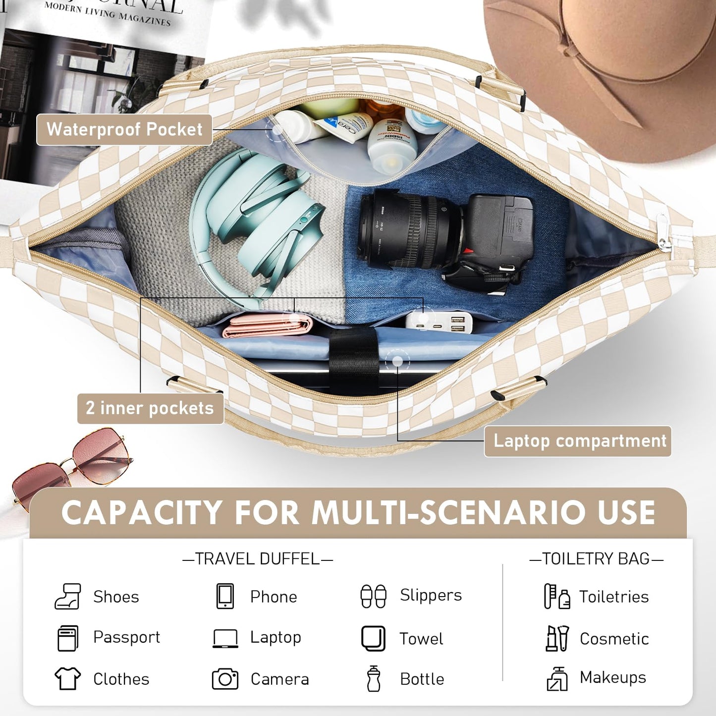 WOOMADA Weekender Overnight Bag for Women, Shoulder Travel Duffel with Shoes Compartment,Gym Bag with Toiletry Bag