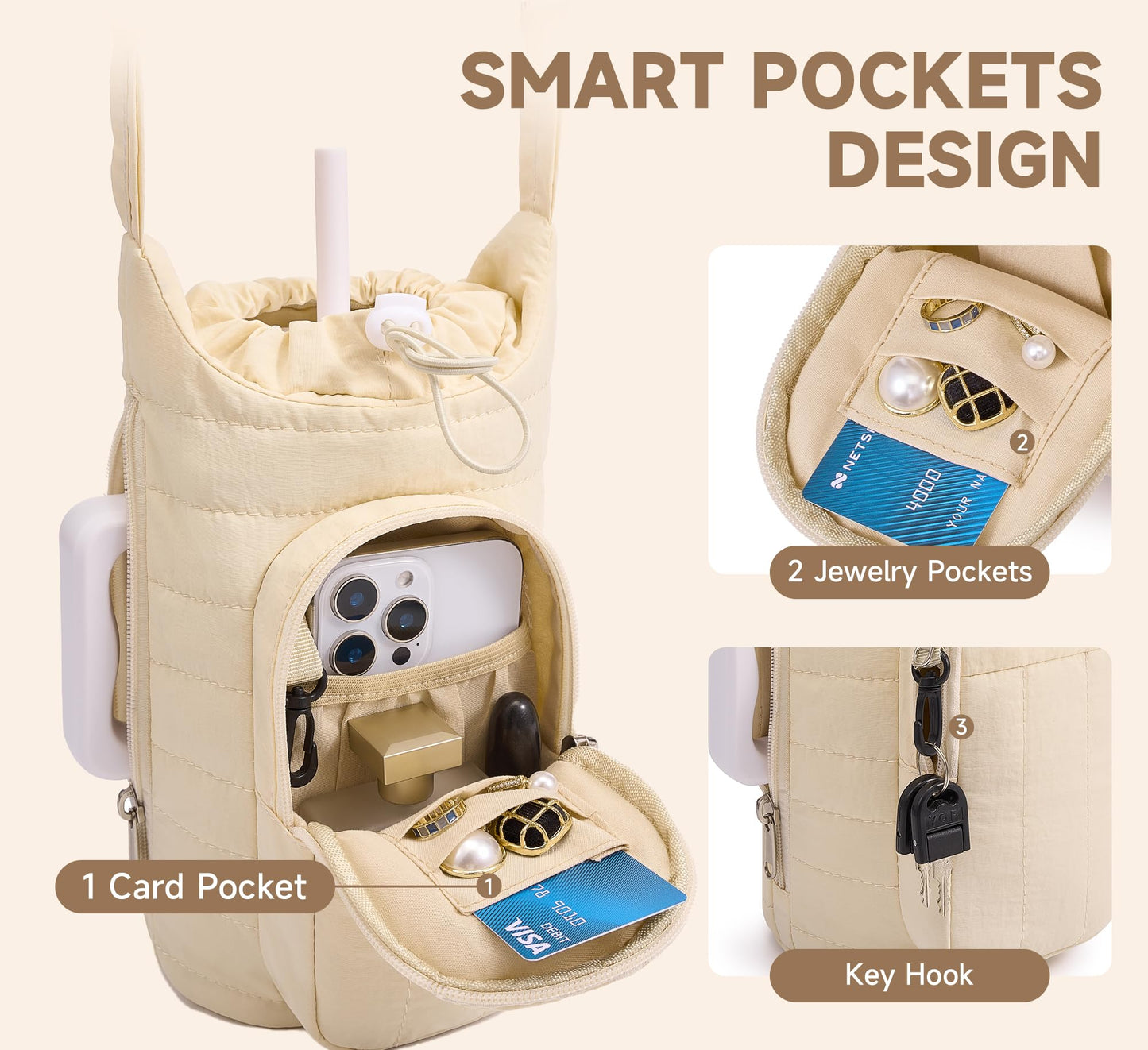 WOOMADA Water Bottle Holder Bag with Strap, 40/32 oz Crossbody Bag Gym Accessories, Sling Purses for Women(Beige)