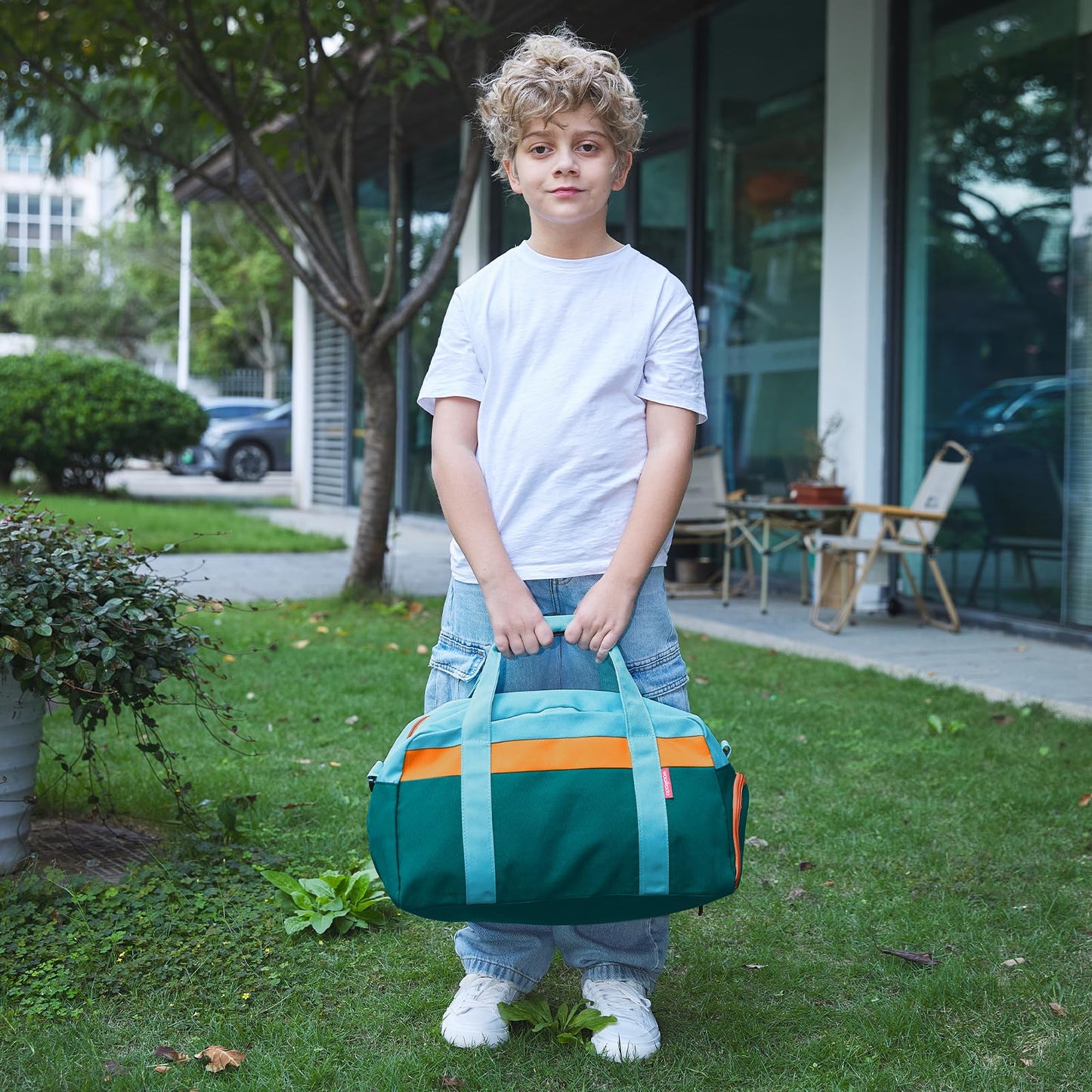 WOOMADA Kids Duffle Bag for Boys or Girls, Kids Overnight Bag with Shoe Compartment＆Wet Pocket, Ideal for School Practice, Sports, Travel(green blue)