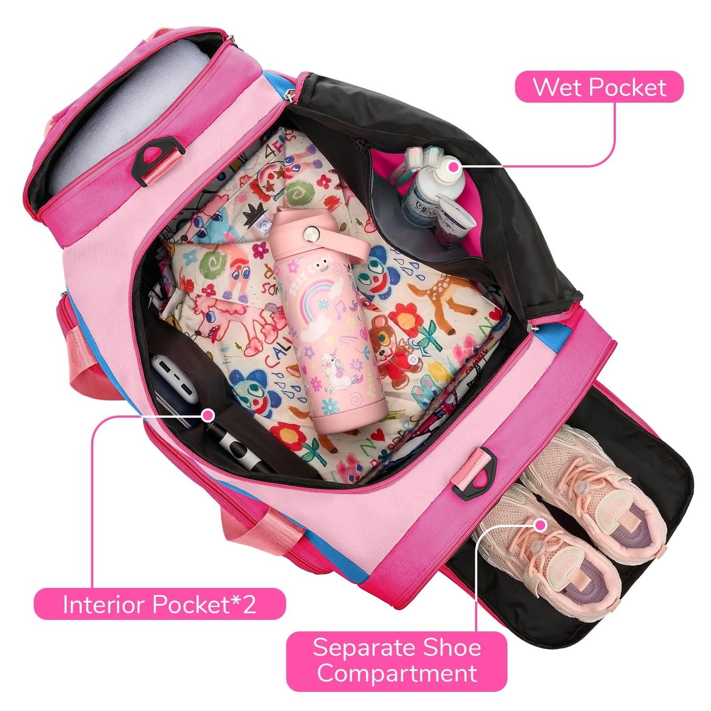 WOOMADA Kids Duffle Bag for Boys or Girls,Weekender Overnight Bag with Shoe Compartment & Wet Pocket Perfect For School, Sports, Overnight Trips(Hot Pink)