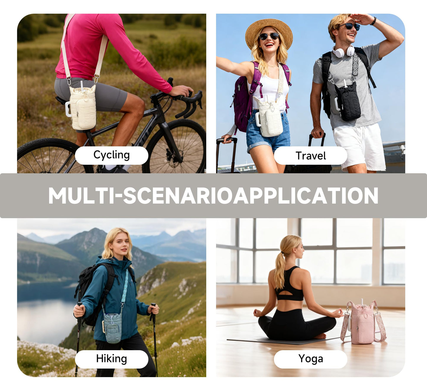 WOOMADA Water Bottle Holder Bag with Strap, 40/32 oz Crossbody Bag Gym Accessories, Sling Purses for Women(Beige)