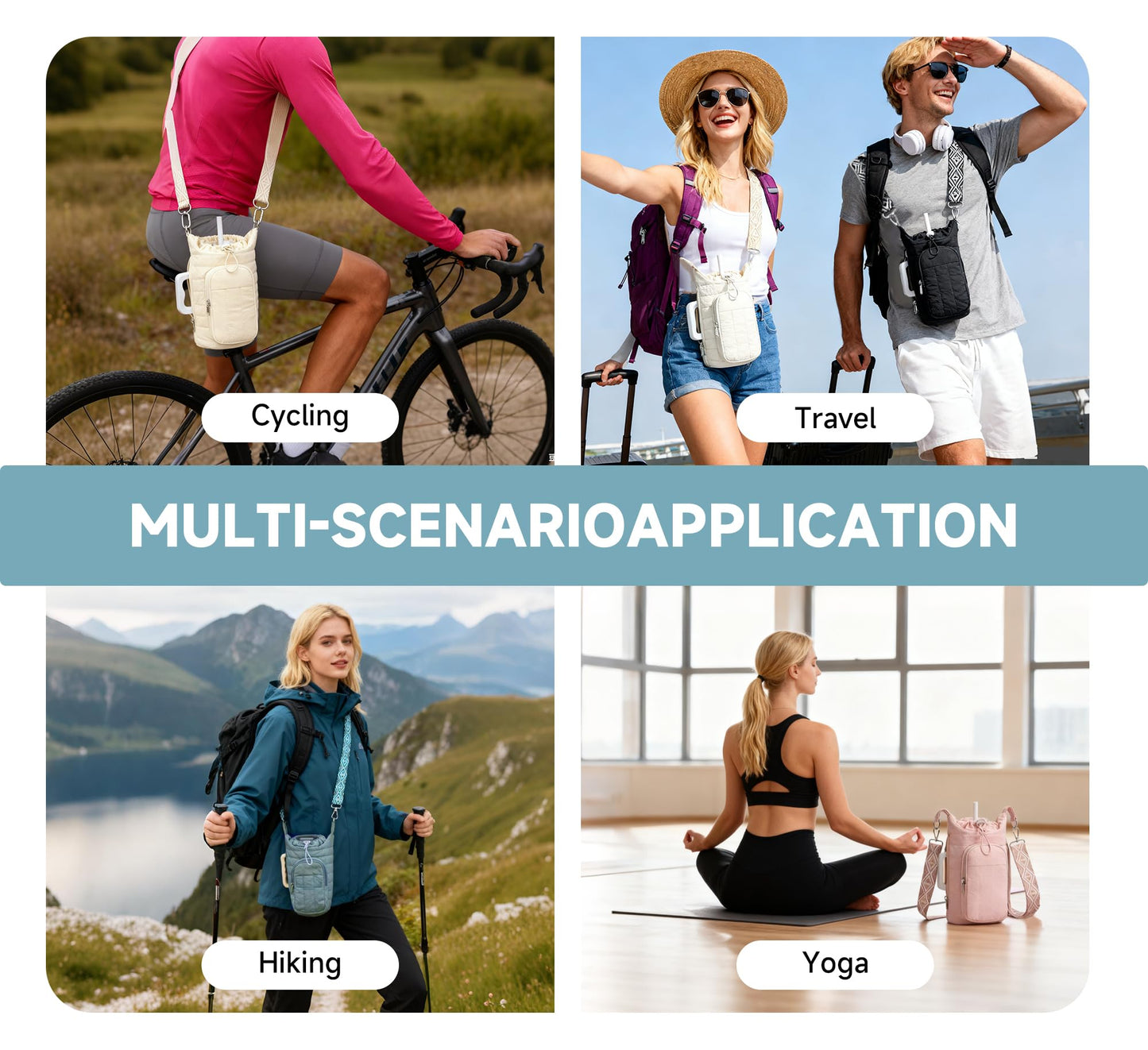 WOOMADA Water Bottle Holder Bag with Strap, 40/32 oz Crossbody Bag Gym Accessories, Sling Purses for Women(Beige)