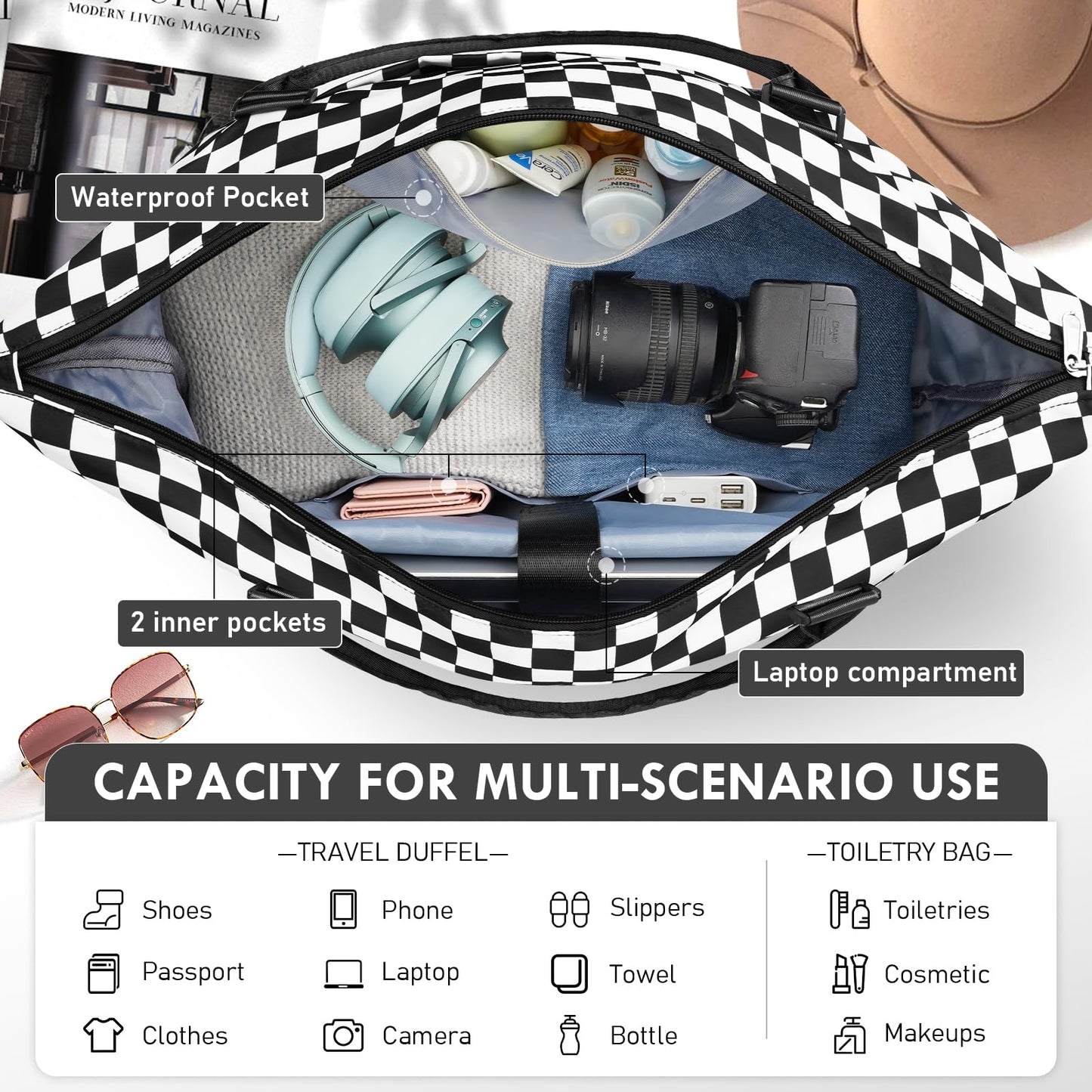 WOOMADA Weekender Overnight Bag for Women, Shoulder Travel Duffel with Shoes Compartment,Gym Bag with Toiletry Bag