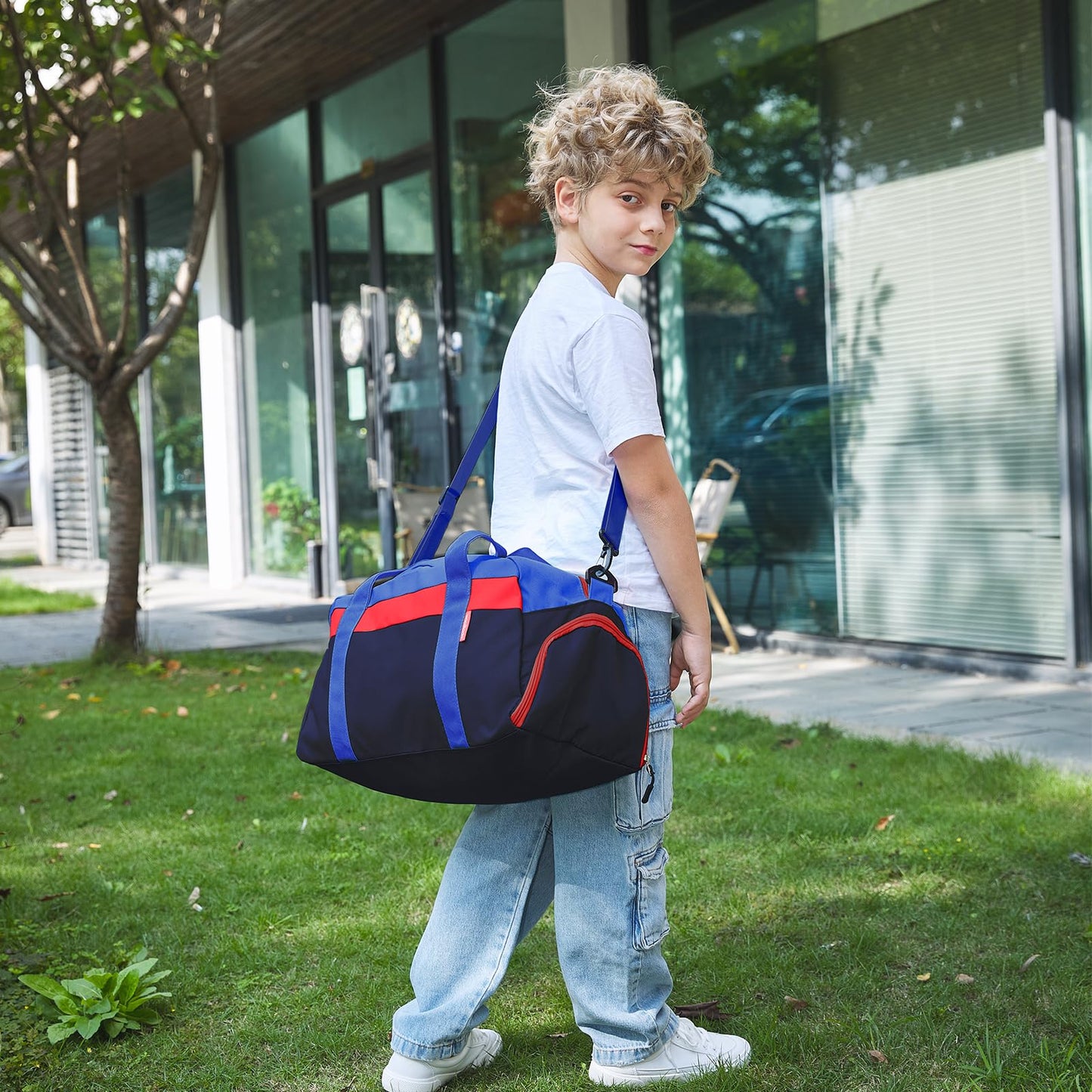 WOOMADA Kids Duffle Bag for Boys or Girls, Kids Overnight Bag with Shoe Compartment＆Wet Pocket, Ideal for School Practice, Sports, Travel(green blue)