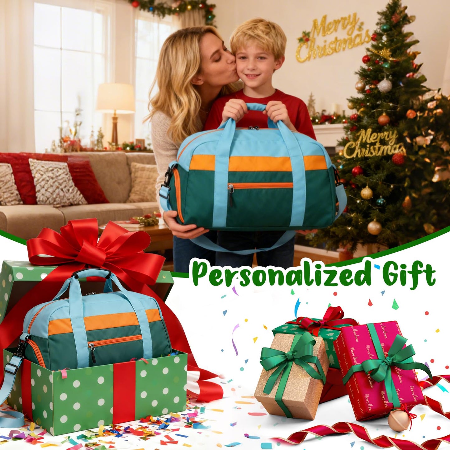 WOOMADA Kids Duffle Bag for Boys or Girls, Kids Overnight Bag with Shoe Compartment＆Wet Pocket, Ideal for School Practice, Sports, Travel(green blue)