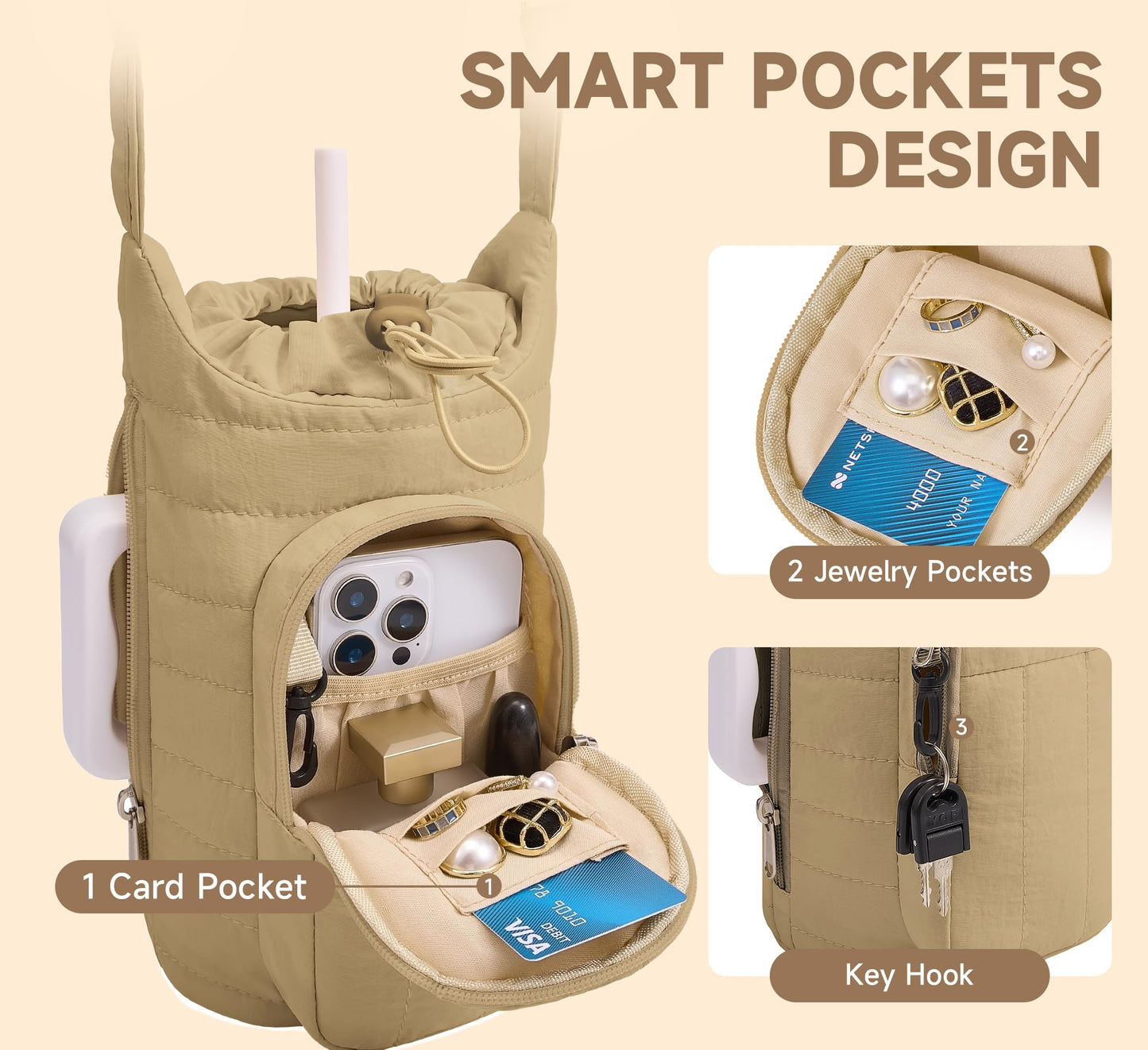 WOOMADA Water Bottle Holder Bag with Strap, 40/32 oz Crossbody Bag Gym Accessories, Sling Purses for Women(Beige)