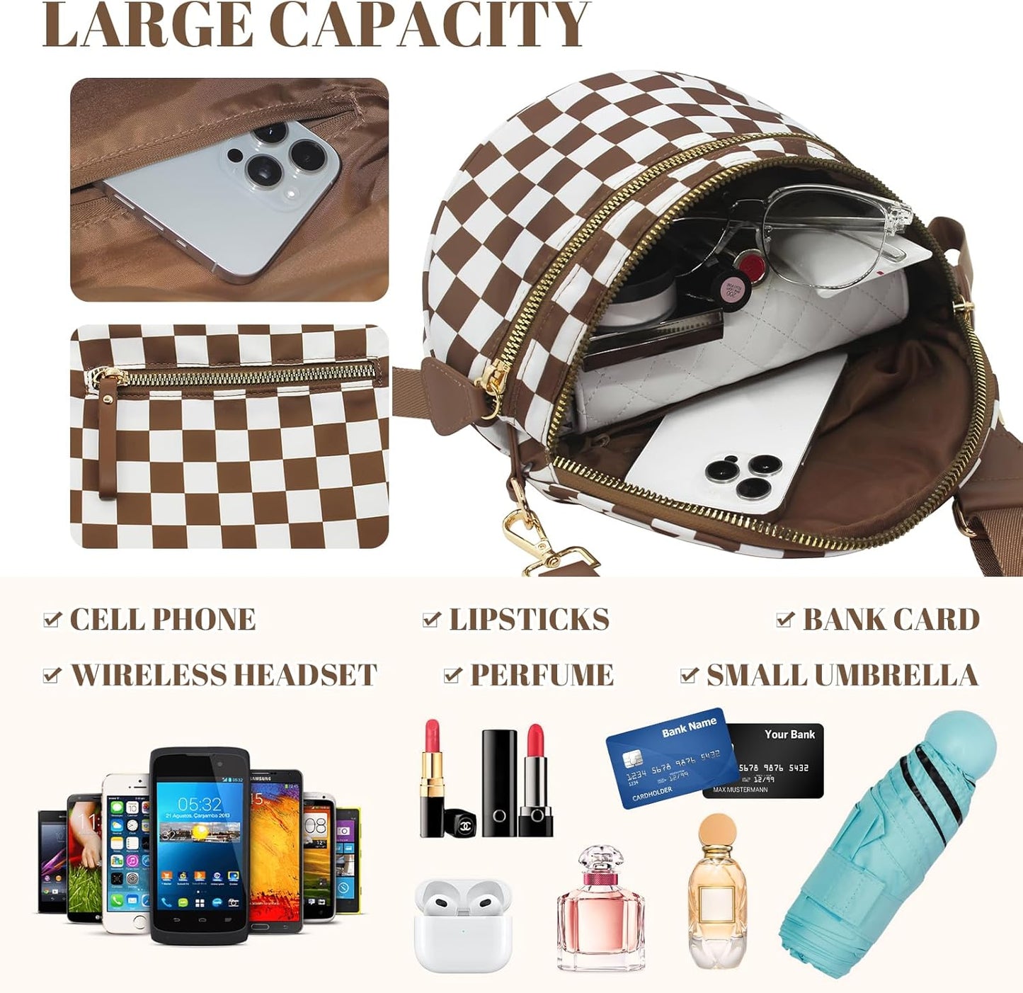 WOOMADA Checkered Crossbody Bag Bum Bag for Women, Fanny Pack Checkered Purse, Belt Bag with Shoulder Strap(Brown Checkerboard)