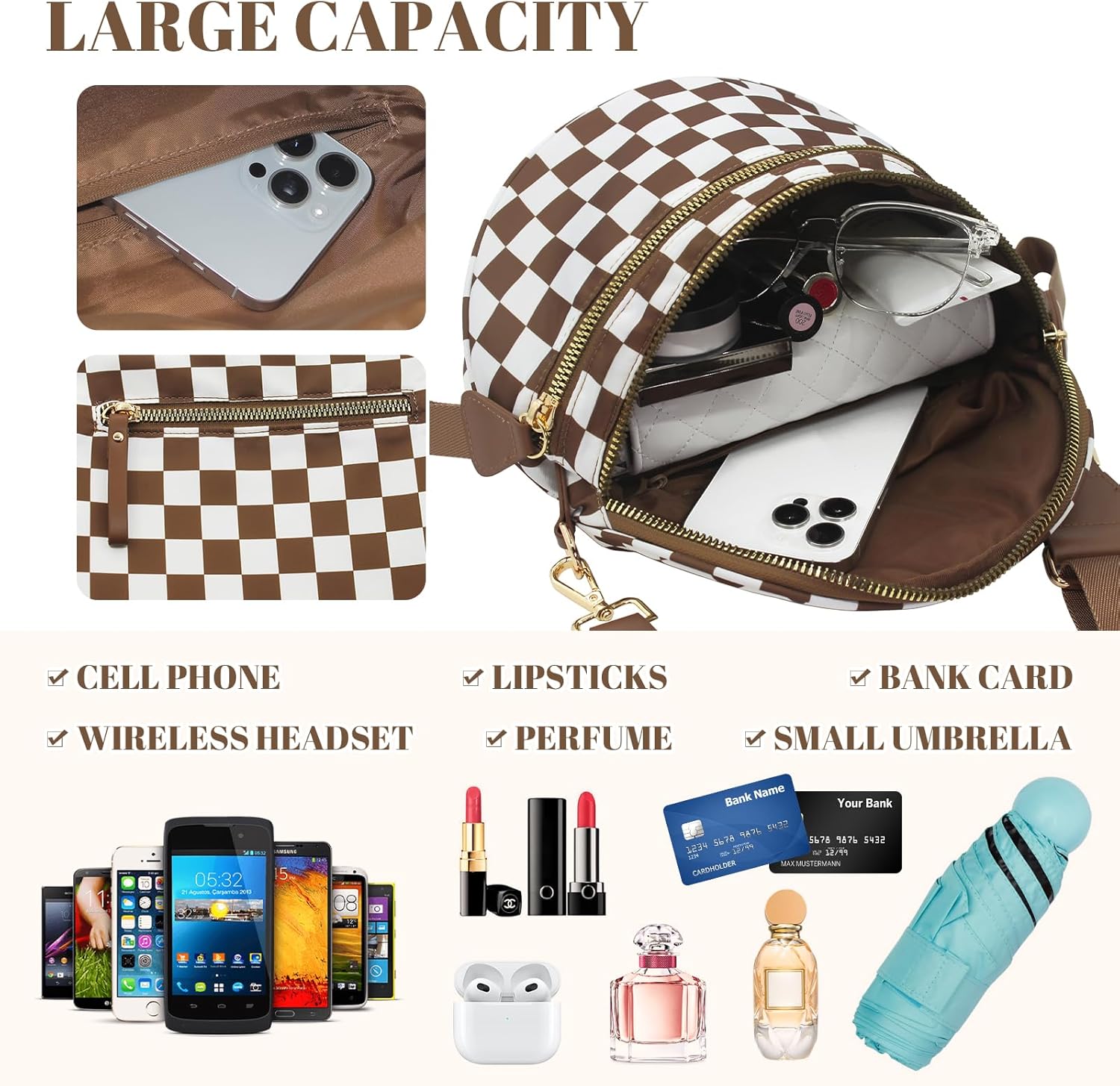 WOOMADA Checkered Crossbody Bag Bum Bag for Women, Fanny Pack Checkered Purse, Belt Bag with Shoulder Strap(Brown Checkerboard)